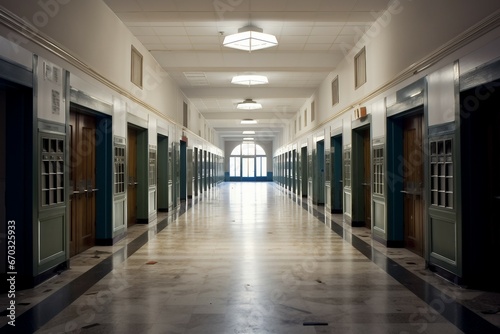 Hallway School High hall wing floor locker empty exit fire door junior student learn learning center light lighting close