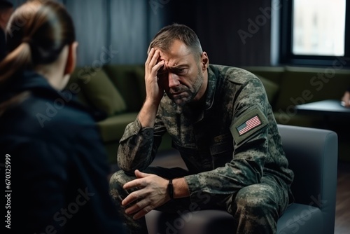 Post-traumatic syndrome and therapy to lift a person out of depression. Veteran at an appointment with a psychologist. Caucasian soldier communicates with a psychotherapist.