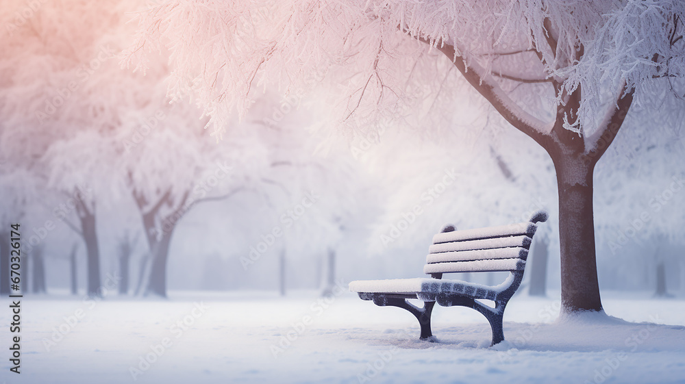 winter landscape, park bench, abstract background copy space, christmas view postcard winter landscape, park bench, abstract background copy space, christmas view postcard