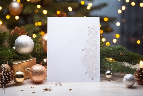 blank white greeting card mockup 5x7 on christmas background photo