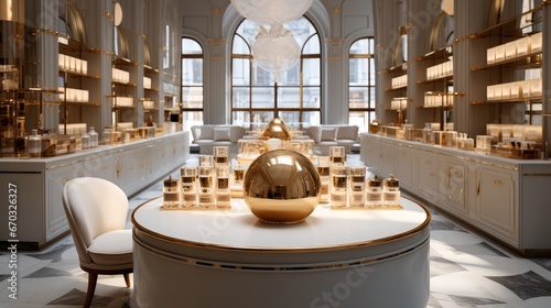 Luxury perfume store, Table in perfumery filled with fragrances for customer to sample.