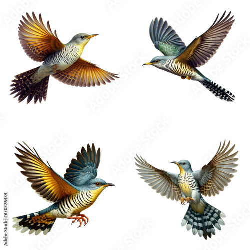 A set of male and female Yellow-billed Cuckoos flying on a transparent background © DLW Designs