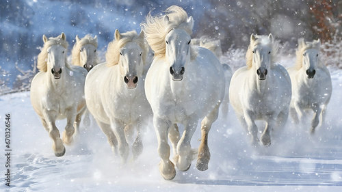 herd of horses is rapidly running in winter in active poses on fluffy snow, motion in nature