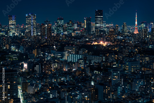 ライトアップされた東京タワーと東京都心の夜景 © Hiroyoshi Kushino