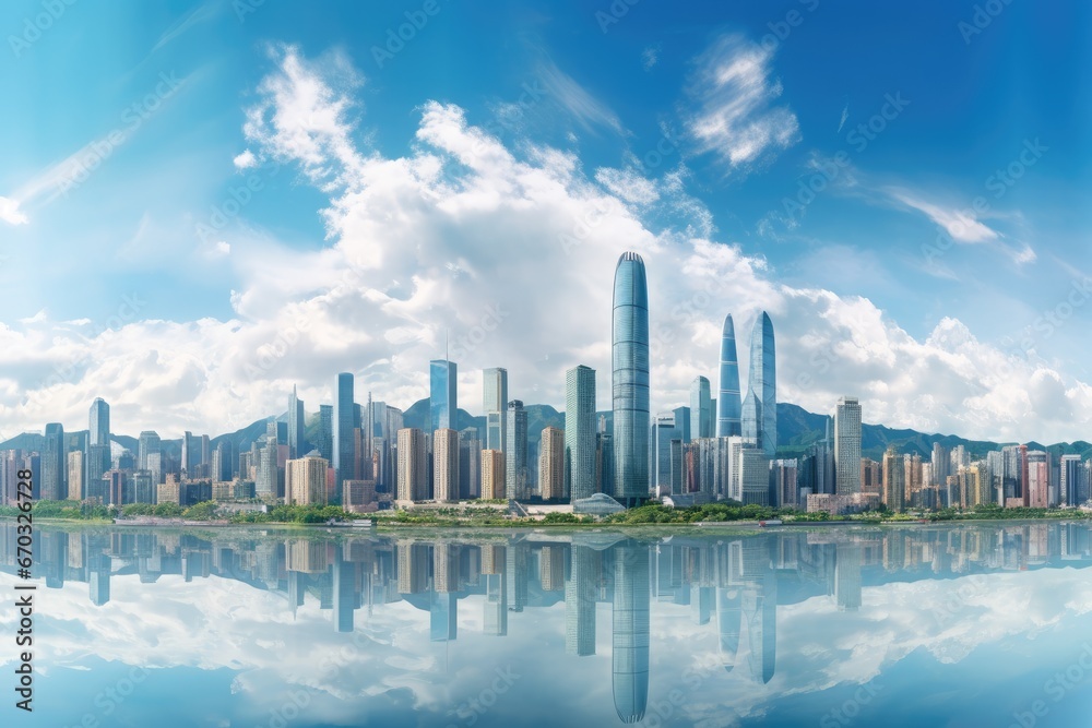 panoramic view of modern city skyline in hongkong, The skyline of Futian CBD Financial District in Shenzhen full city view with tall buildings. white background, AI Generated