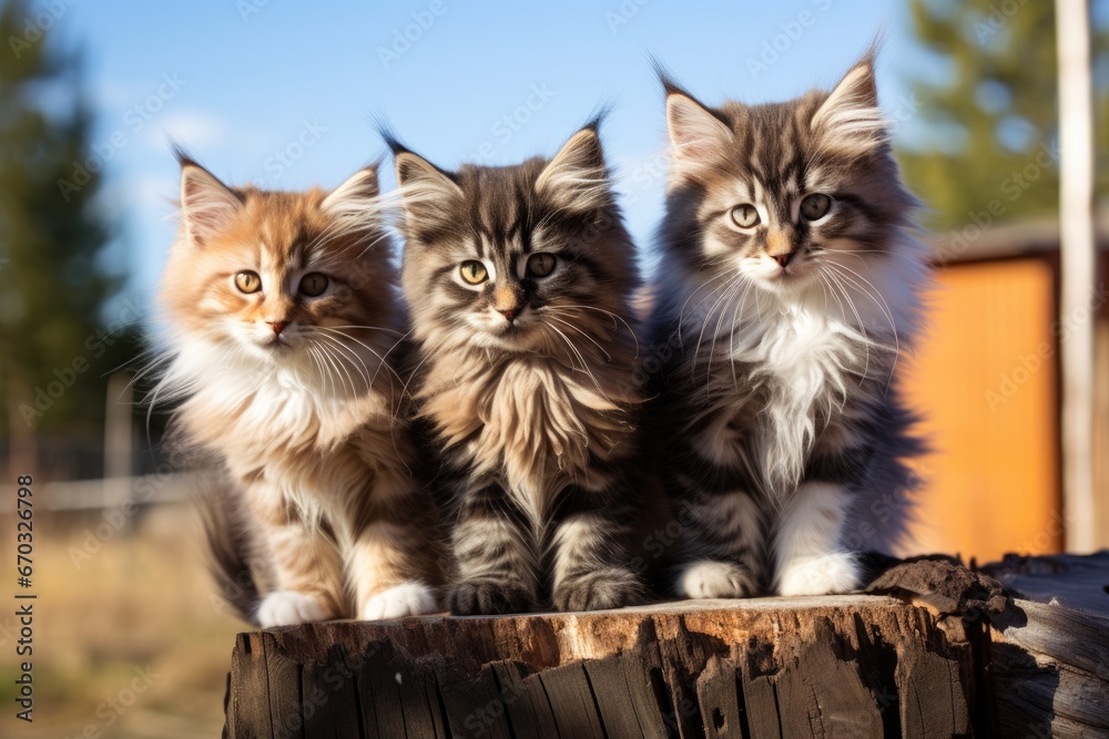 Three kittens of siberian breed on a background of autumn nature, Three kittens of siberian breed sitting on a wooden fence, AI Generated
