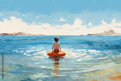 Illustration of a Boy Having Fun in the Sea © Supardi