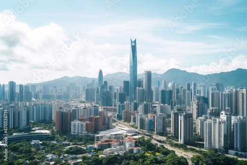 panoramic view of the city of shenzhen,China, The skyline of Futian CBD Financial District in Shenzhen full city view with tall buildings. white background, AI Generated photo