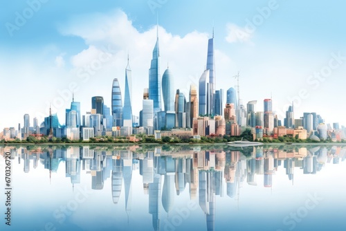Shanghai skyline with reflection in Huangpu river  China  The skyline of Futian CBD Financial District in Shenzhen full city view with tall buildings. white background  AI Generated