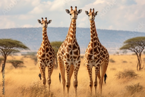 Three giraffes Giraffa camelopardalis in Serengeti National Park  Tanzania  Three giraffes in Serengeti National Park  Tanzania  AI Generated
