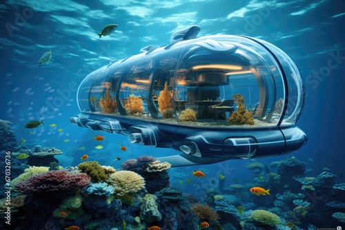 Underwater world with a submarine and corals. 3d render, The submarine of the future will be underwater next to coral reefs and fish, 6k ultra HD, AI Generated