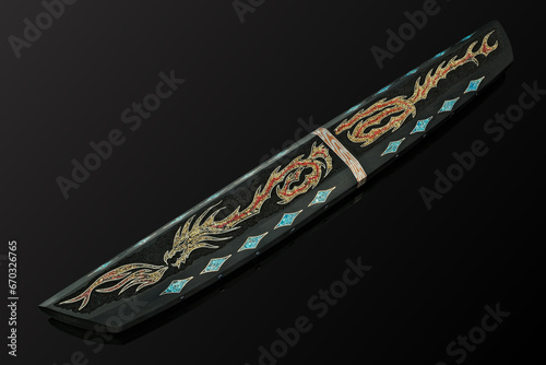 hand-forged Japanese samurai knife tanto with inlays in the form of hieroglyphs in black dener on a black background