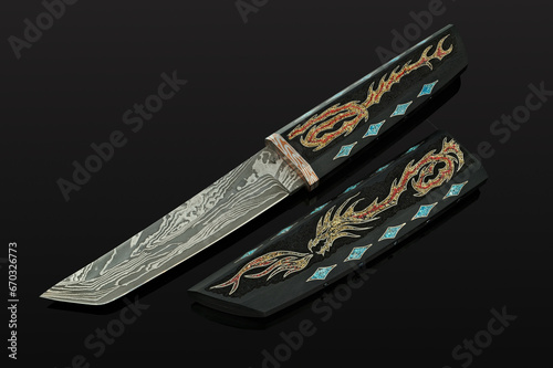 hand-forged Japanese samurai knife tanto with inlays in the form of hieroglyphs in black dener on a black background