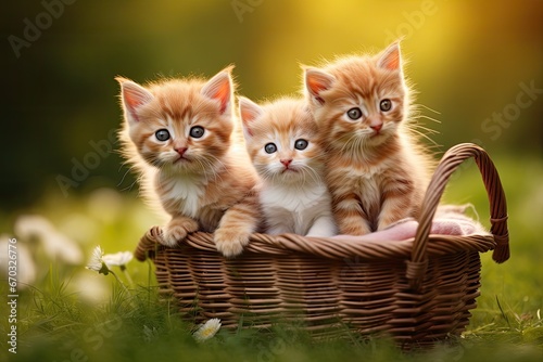 Three little kittens sitting in a basket on green grass in the garden, Three kittens in a basket on a green grass background. Closeup, AI Generated © Ifti Digital