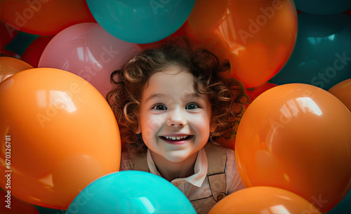 small child in a pile of colorful balloons