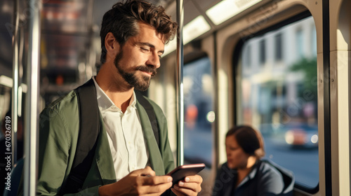 Man traveling with a public bus and using phone.