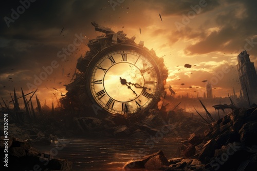 Time concept. The old clock at the end of the day, Time getting destroyed, AI Generated