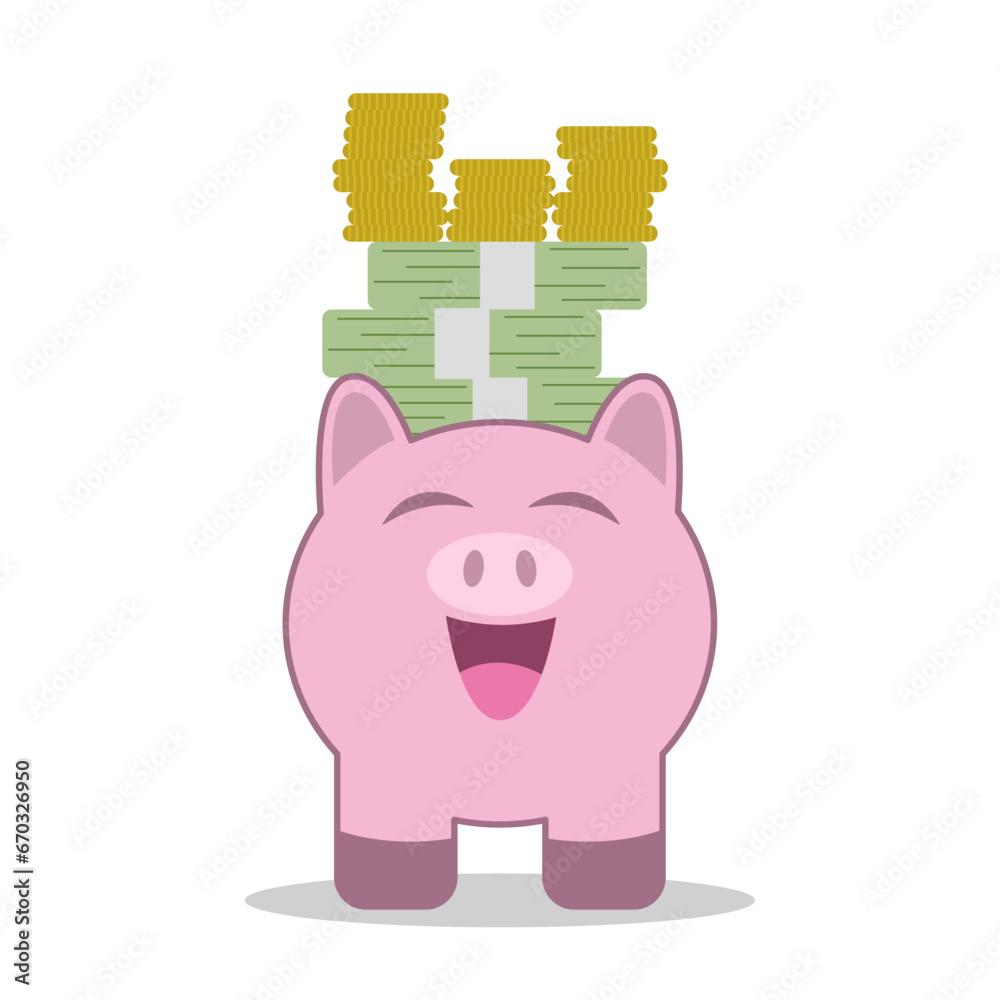 Ilustración de alcancía con dinero encima, concepto de ahorro y finanzas, ilustración vectorial con estilo de dibujos animados, vector de alcancía