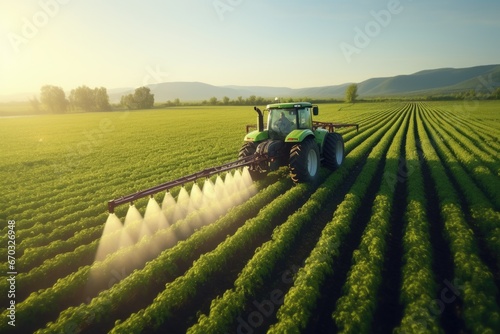 Tractor spraying pesticides on soybean field with sprayer at spring, Tractor spraying pesticides fertilizer on soybean crops farm field in spring evening. Smart Farming, AI Generated