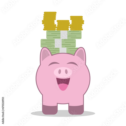 Ilustración de alcancía con dinero encima, concepto de ahorro y finanzas, ilustración vectorial con estilo de dibujos animados, vector de alcancía