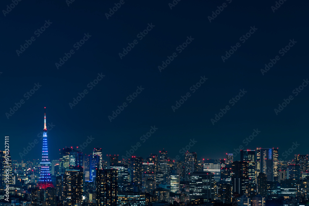 Obraz premium ライトアップされた東京タワーと東京都心の夜景