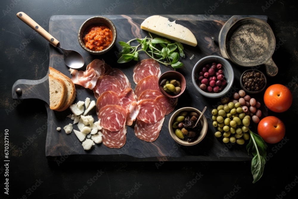 Obraz premium Prosciutto crudo or jamon with olives, parmesan cheese and basil on a wooden board, top view of black marble cutting board with olives in bowls, breadsticks, prosciutto, AI Generated