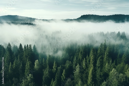 Foggy morning in the mountains. View from the top, thick fog covered with thick coniferous forest. forest with a bird's eye view, AI Generated © Ifti Digital
