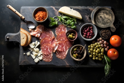 Prosciutto crudo or jamon with olives, parmesan cheese and basil on a wooden board, top view of black marble cutting board with olives in bowls, breadsticks, prosciutto, AI Generated