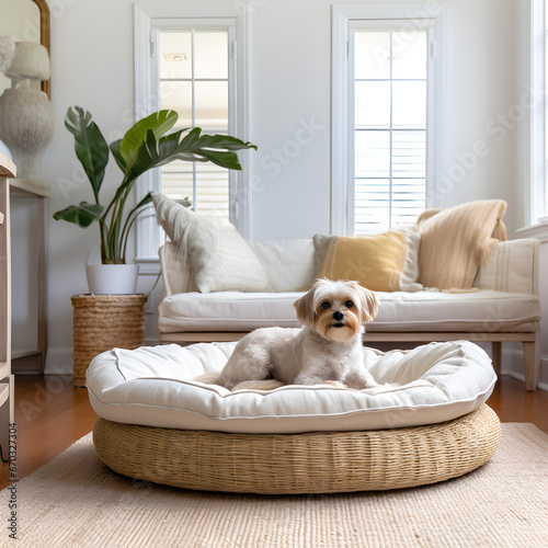 Small dog on a dog bed in a living room 