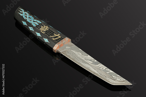 hand-forged Japanese samurai knife tanto with inlays in the form of hieroglyphs in black dener on a black background