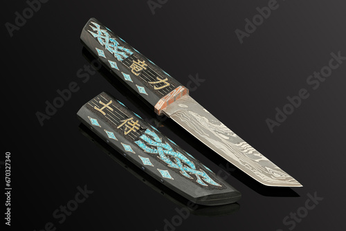 hand-forged Japanese samurai knife tanto with inlays in the form of hieroglyphs in black dener on a black background