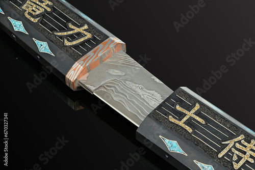 hand-forged Japanese samurai knife tanto with inlays in the form of hieroglyphs in black dener on a black background