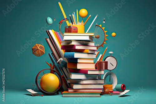 illustration render 3D items accessories school balancing falling concept background education Back happy item learning apple mathematic science lesson class english accessory children photo