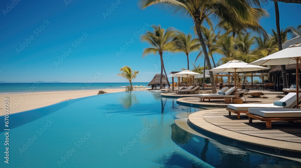 Summer travel vacation background concept, Luxurious swimming pool and loungers umbrellas near beach and sea with palm trees, Amazing relax, Freedom scenic.