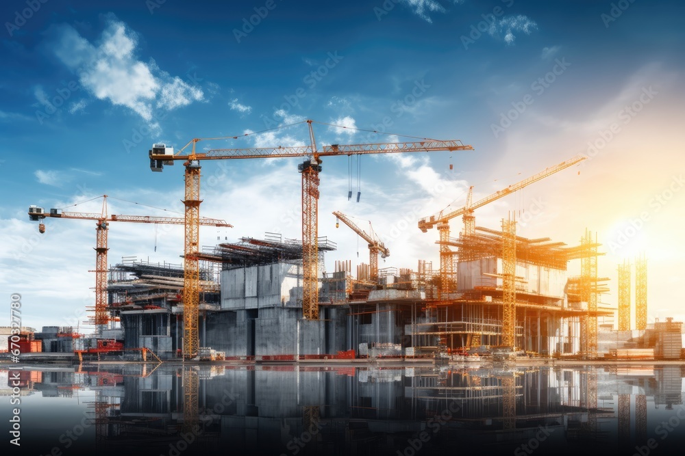 business building new industry working cranes many sites construction large working workers view panorama  security safety activity apartment architecture area background block