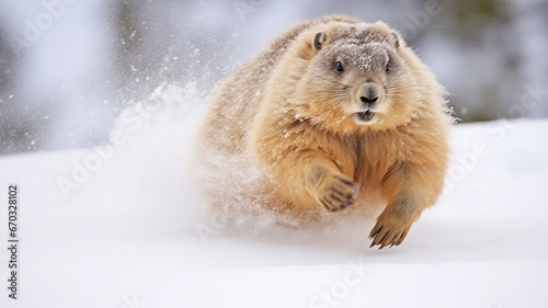 groundhog runs through the winter snow, dynamic pose fluffy rodent falling snow February calendar