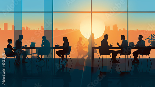 meeting of businessmen, interview, modern office, meeting room interior with a table, on the background of a large panoramic window