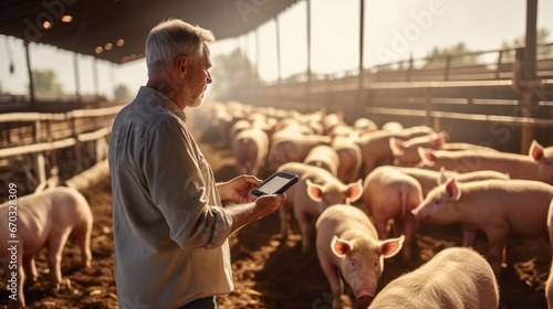 Farmer with a tablet in his hands is checking the health of the pigs and taking notes at pig farm. photo