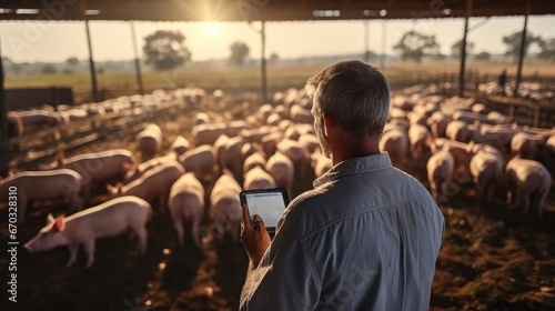 Farmer with a tablet in his hands is checking the health of the pigs and taking notes at pig farm. photo