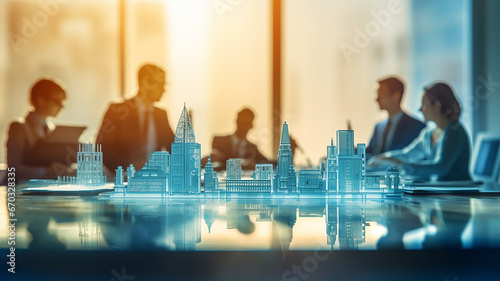 meeting of businessmen, interview, modern office, meeting room interior with a table, on the background of a large panoramic window