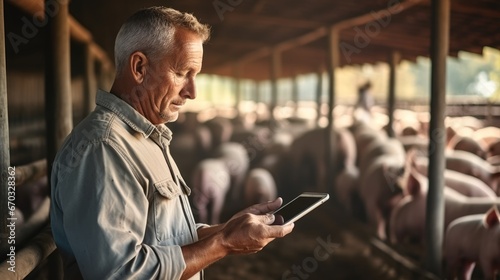 Farmer with a tablet in his hands is checking the health of the pigs and taking notes at pig farm.