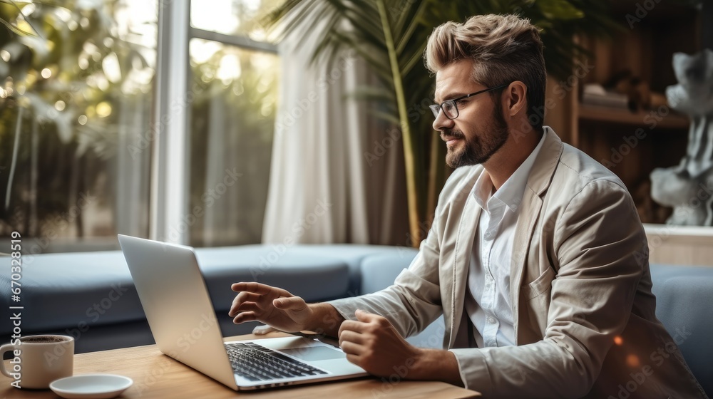 Businessman sits at home and has conference call on the laptop. Businessman sits at home and has conference call on the laptop.