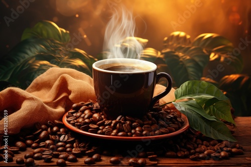 Illustration of a Smoky Cup of Coffee with Coffee Beans