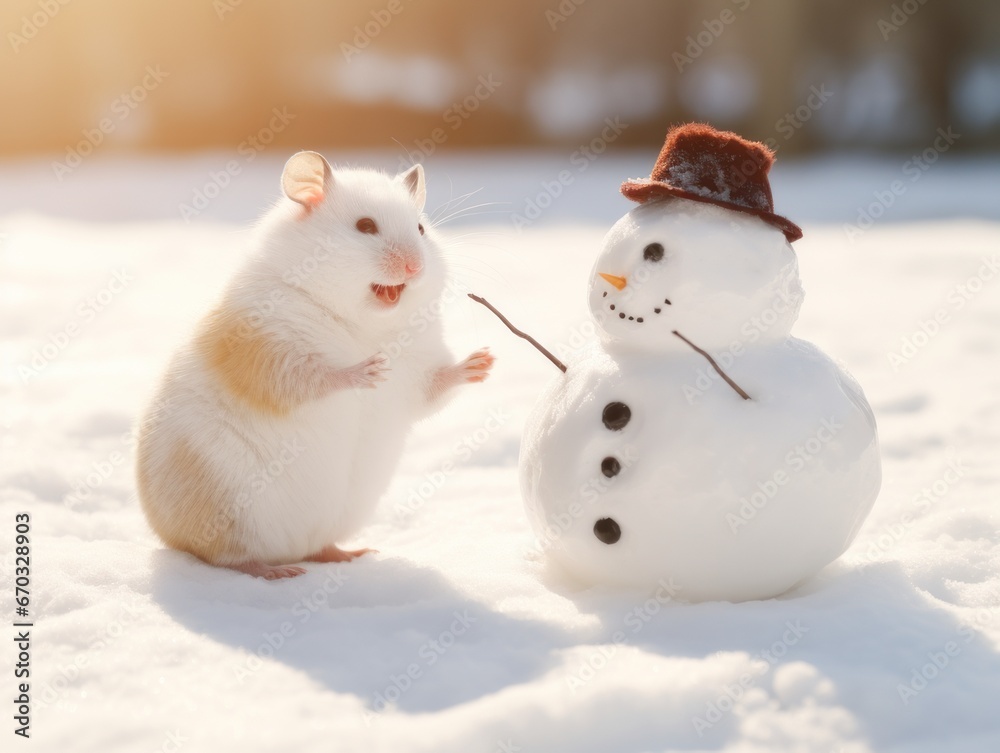 A hamster marvels at a snowman. A hamster marvels at a snowman.