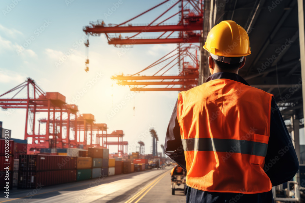 A man with safety move containers to maintain organization, transport, import and export, and cargo freight logistics. AI generative . A man with safety move containers to maintain organization, transport, import and export, and cargo freight logistics. AI generative .
