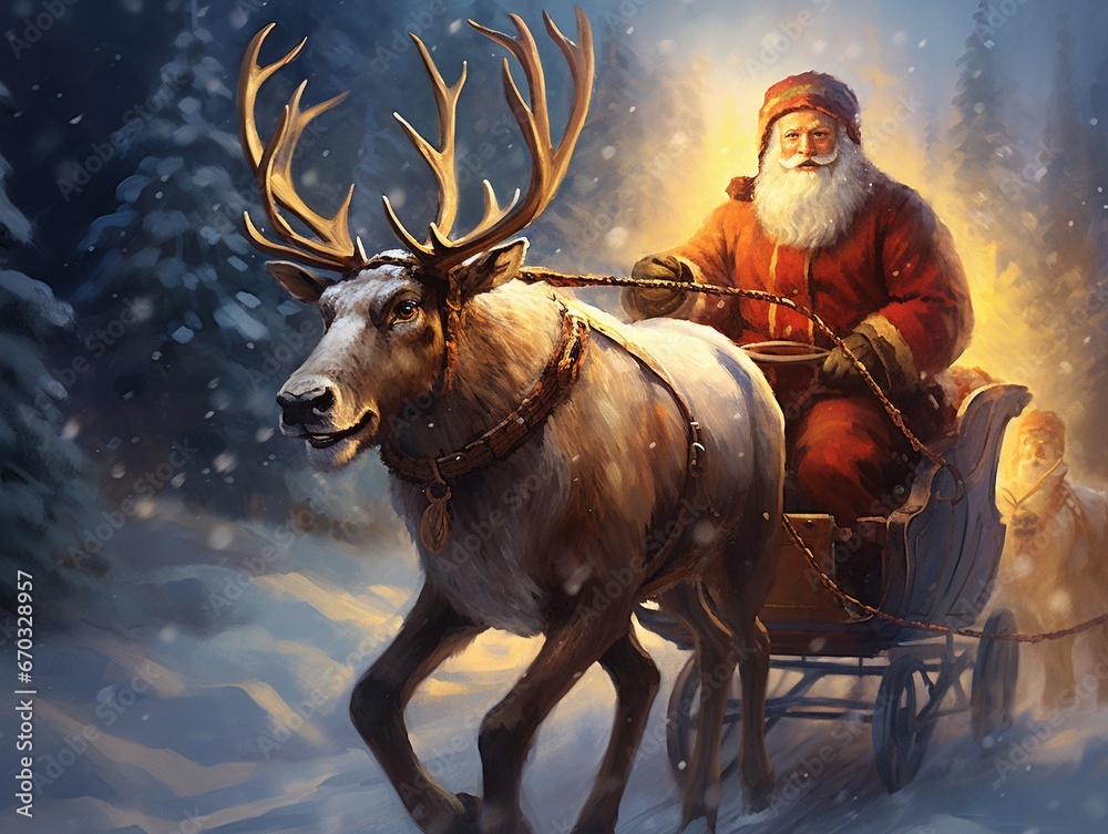 Fototapeta premium Santa claus pulled by reindeer in sleigh in the snow
