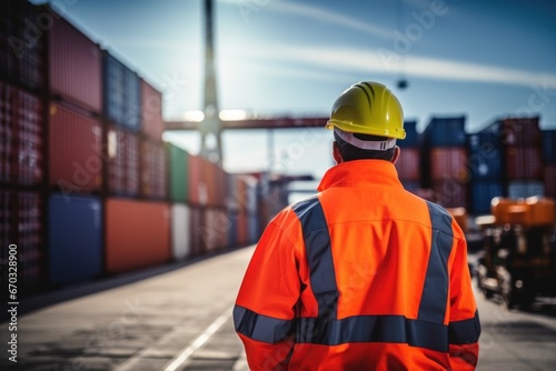 A man with safety move containers to maintain organization, transport, import and export, and cargo freight logistics. AI generative .