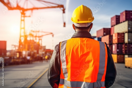 A man with safety move containers to maintain organization, transport, import and export, and cargo freight logistics. AI generative .