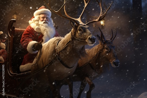 Santa claus pulled by reindeer in sleigh in the snow