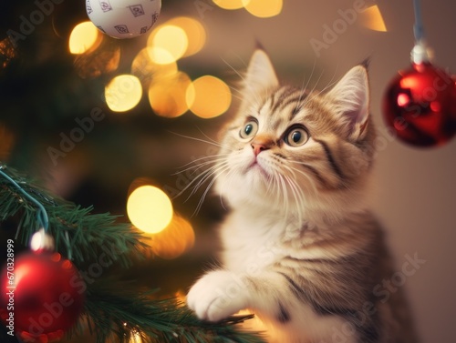 Mischievous cat attempting to climb the Christmas tree